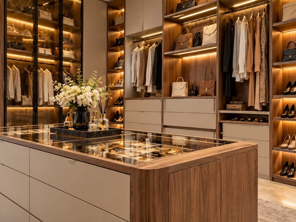 Walnut & Taupe Walk-in Closet with Curved Island - صورة 3