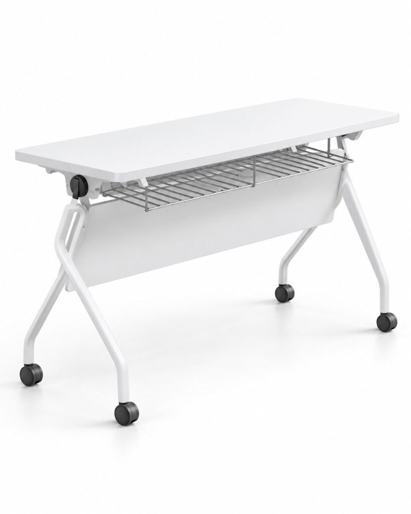 White Folding Training Table with Wire Basket