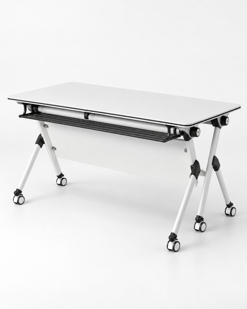 White Folding Training Table with X-Legs & Wire Basket