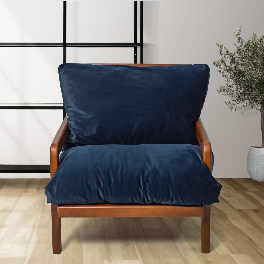 Wooden Frame Armchair with Navy Velvet Cushions