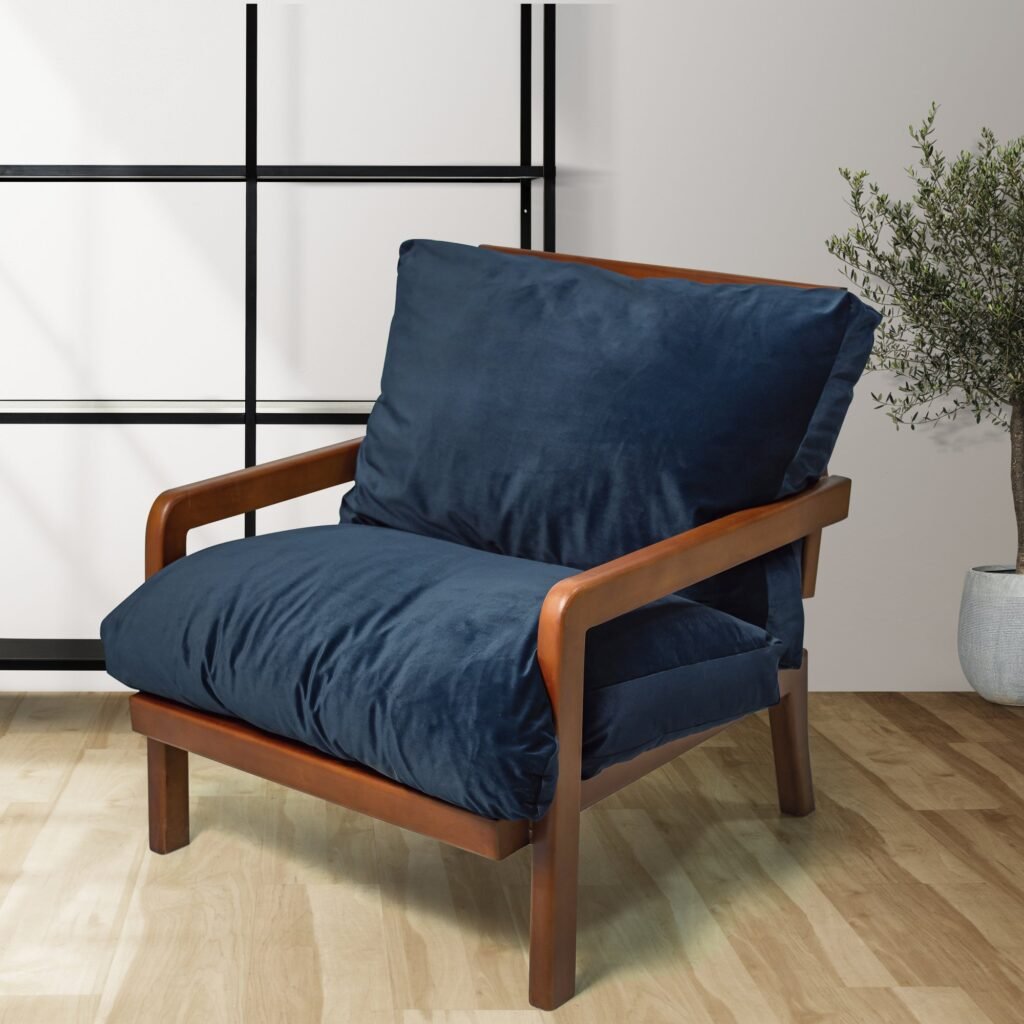 Wooden Frame Armchair with Navy Velvet Cushions - صورة 2