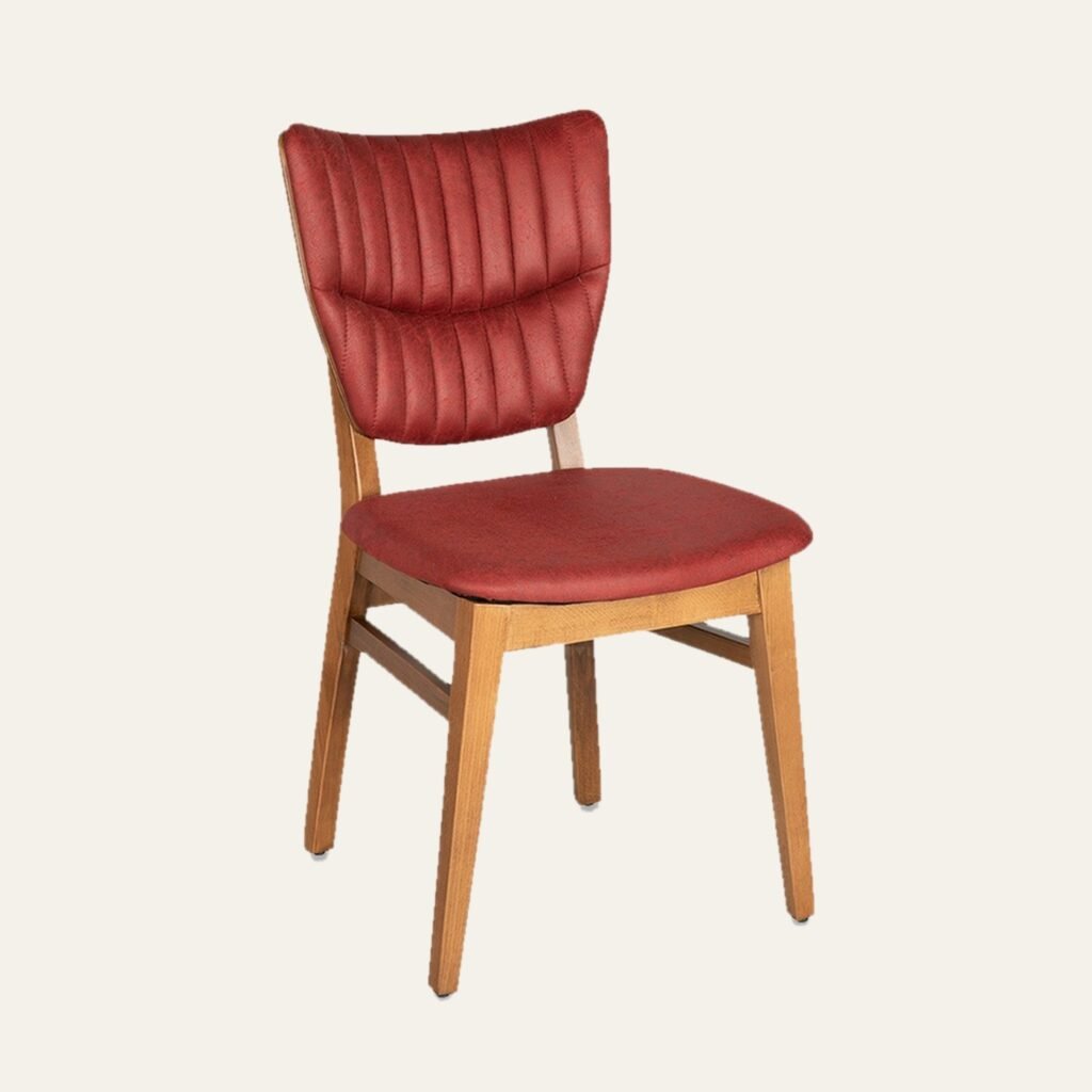 Wooden Restaurant Chair with Red Channel-Tufted Leather